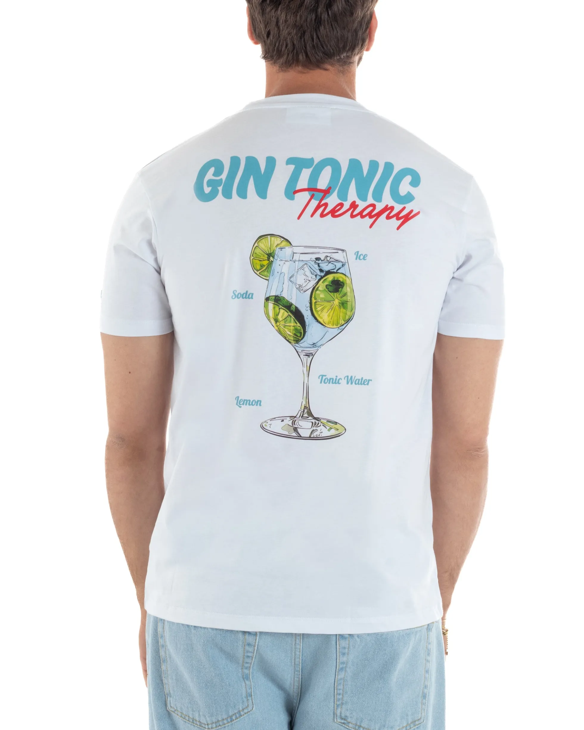 T-shirt uomo girocollo ricamo stampa gin tonic basic bianco SUPERCULTURE-A1905