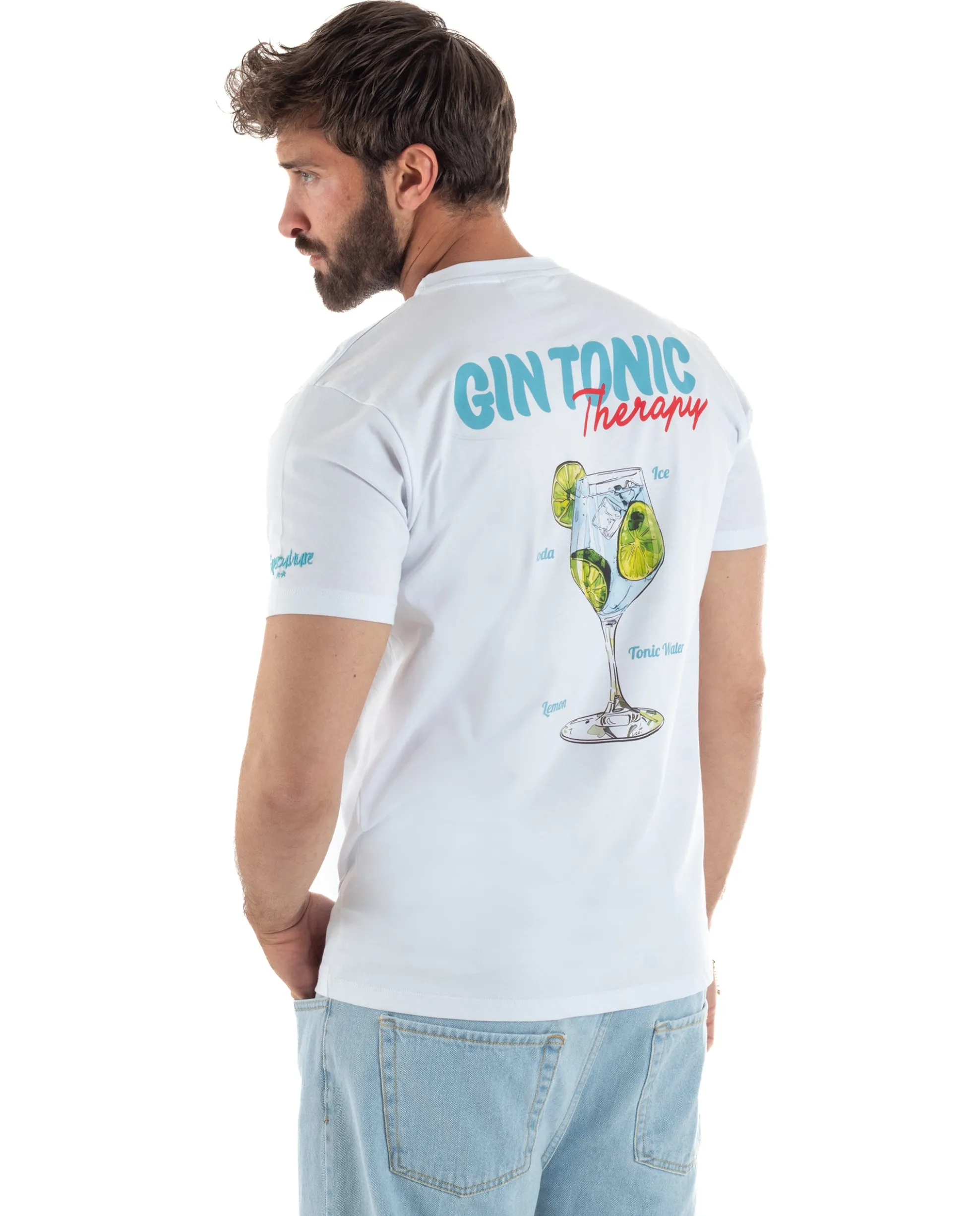T-shirt uomo girocollo ricamo stampa gin tonic basic bianco SUPERCULTURE-A1905