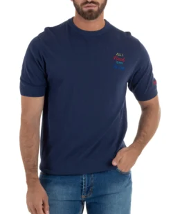 T-Shirt uomo maglia filo con ricamo ALL I NEED IS MY GIN TONIC leggera blu SUPERCULTURE-AK6009