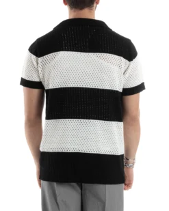 T-shirt Uomo Maglia Polo Traforata Ricamata Cardigan Manica Corta Con Bottoni A Righe Nero Casual GIOSAL-TS3001A
