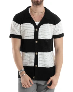 T-shirt Uomo Maglia Polo Traforata Ricamata Cardigan Manica Corta Con Bottoni A Righe Nero Casual GIOSAL-TS3001A