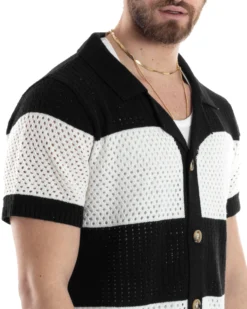 T-shirt Uomo Maglia Polo Traforata Ricamata Cardigan Manica Corta Con Bottoni A Righe Nero Casual GIOSAL-TS3001A