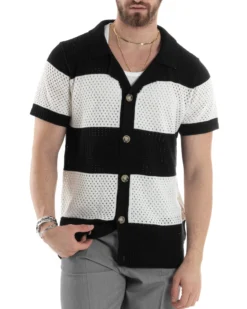 T-shirt Uomo Maglia Polo Traforata Ricamata Cardigan Manica Corta Con Bottoni A Righe Nero Casual GIOSAL-TS3001A