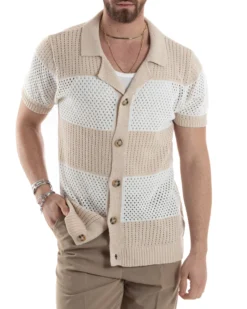 T-shirt Uomo Maglia Polo Traforata Ricamata Cardigan Manica Corta Con Bottoni A Righe Beige Casual GIOSAL-TS3002A