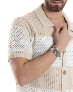 T-shirt Uomo Maglia Polo Traforata Ricamata Cardigan Manica Corta Con Bottoni A Righe Beige Casual GIOSAL-TS3002A