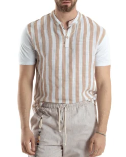 T-shirt Uomo Maniche Corte Serafino Con Bottoni Cotone Lino Casual Rigata Bicolore Beige GIOSAL-TS3029A