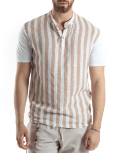 T-shirt Uomo Maniche Corte Serafino Con Bottoni Cotone Lino Casual Rigata Bicolore Beige GIOSAL-TS3029A
