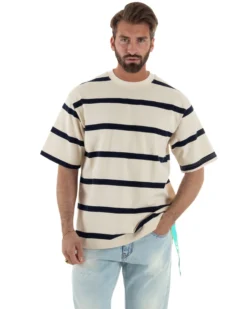 T-shirt uomo maxi righe boxy-fit bicolore panna blu BERNA-M-261246