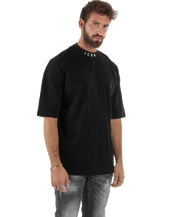 T-shirt Uomo Mezzo Collo Stampa Basic Oversize Gola Alta Nero ICON ICUF2W6T007