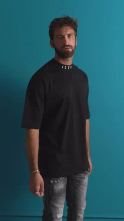 T-shirt Uomo Mezzo Collo Stampa Basic Oversize Gola Alta Nero ICON ICUF2W6T007
