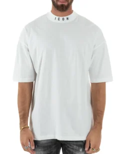 T-shirt Uomo Mezzo Collo Stampa Basic Oversize Gola Alta Bianco ICON ICUF2W6T007