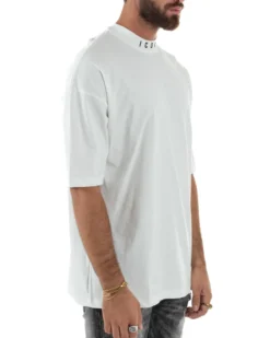 T-shirt Uomo Mezzo Collo Stampa Basic Oversize Gola Alta Bianco ICON ICUF2W6T007