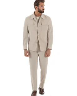 Vestito uomo viscosa completo giacca camicia sahariana pantaloni beige GIOSAL-AE1243A