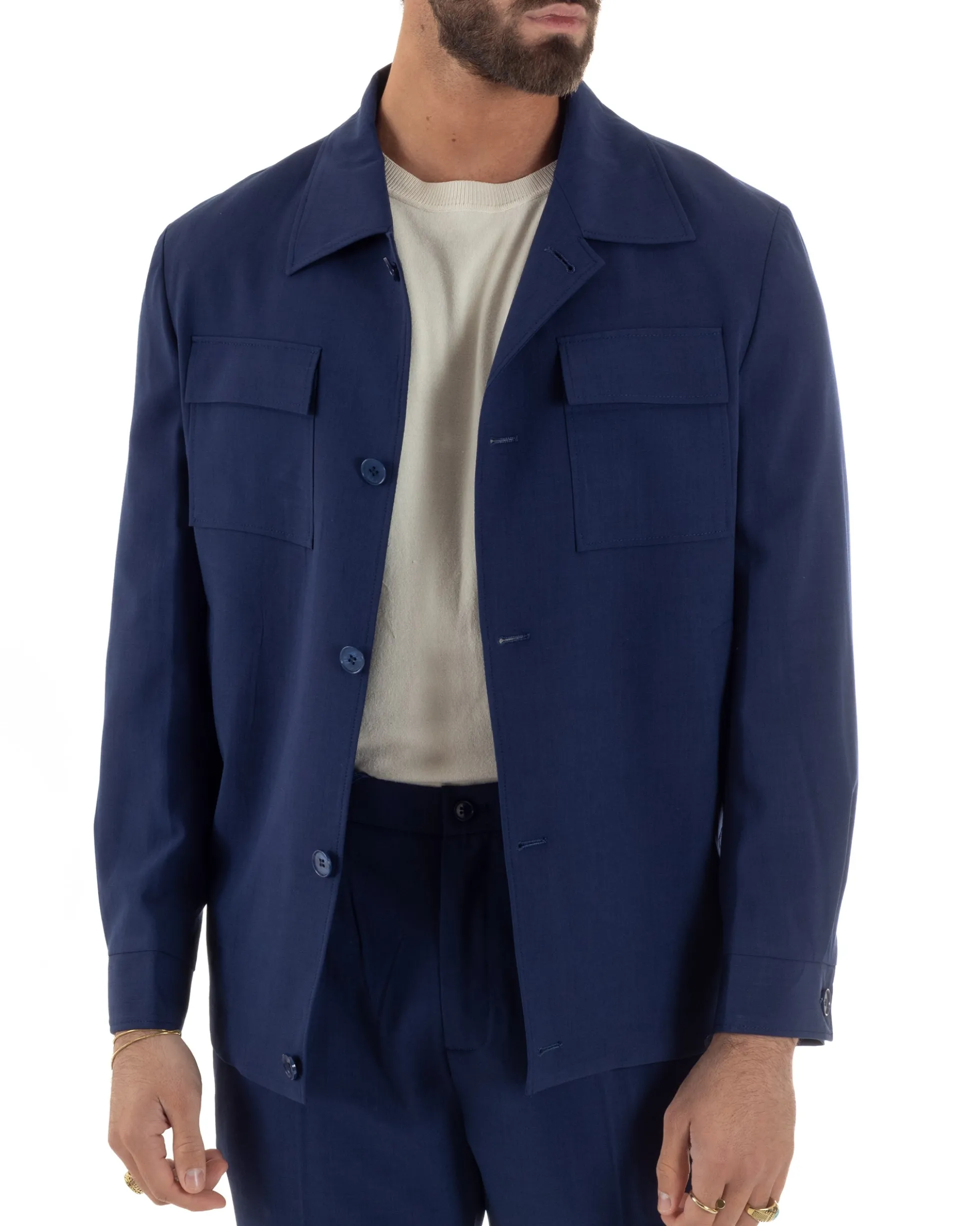 Vestito uomo viscosa completo giacca camicia sahariana pantaloni blu GIOSAL-AE1242A